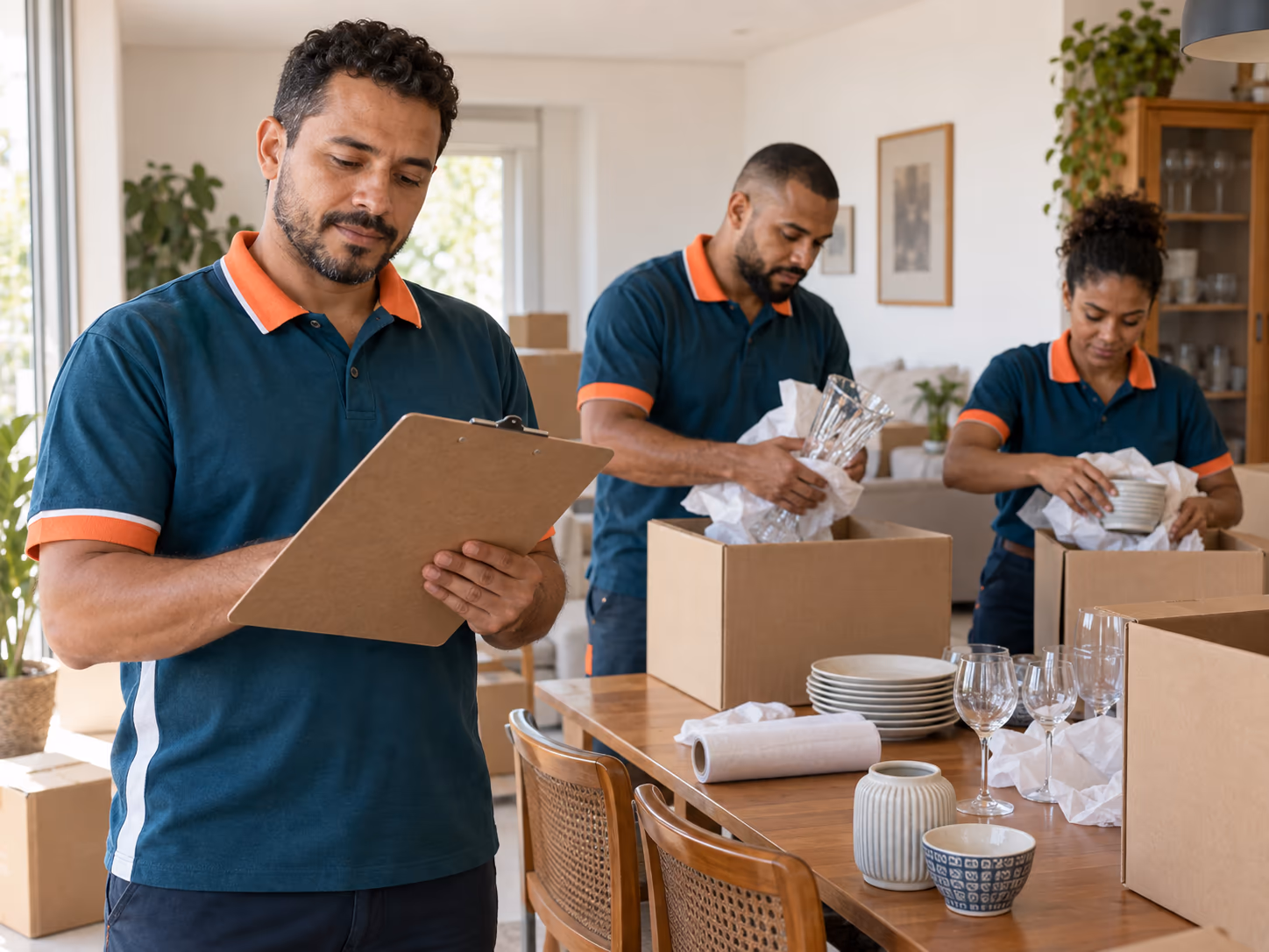 Profissionais preparando caixas e materiais de proteção para mudança