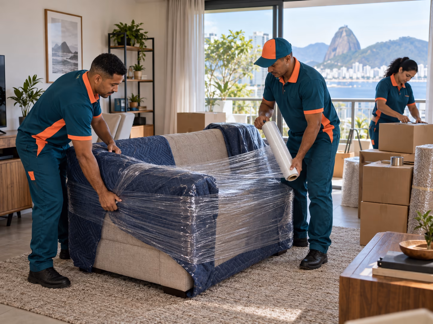 Profissionais embalando sofá e caixas para mudança residencial