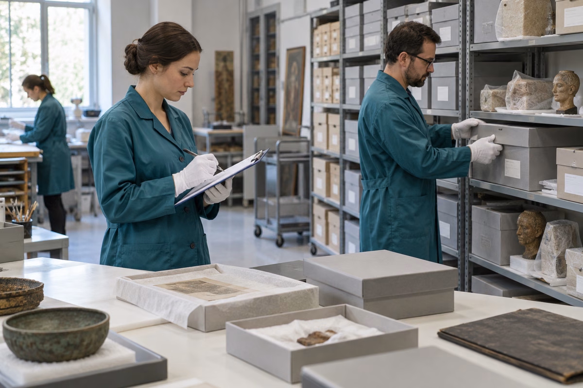 Caixas catalogadas e peças de acervo sendo conferidas