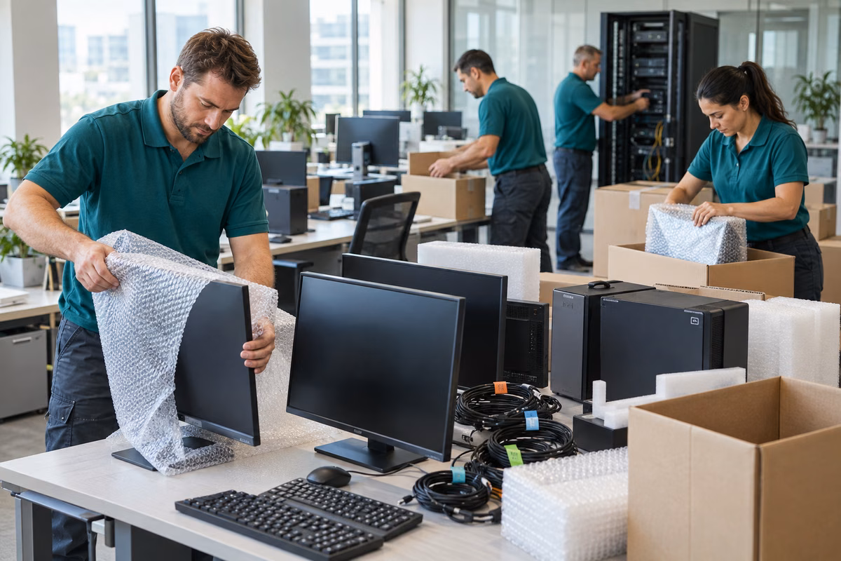 Computadores e monitores preparados para transporte