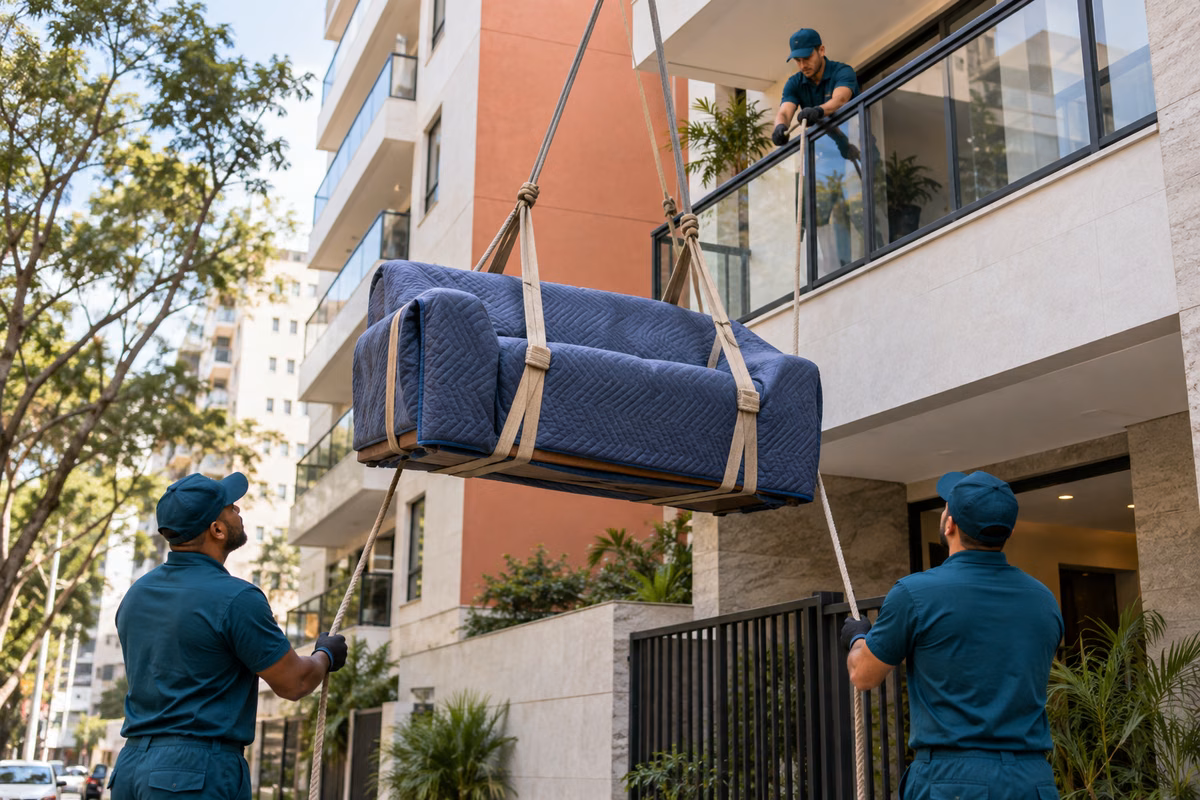 Sofá protegido sendo içado até a varanda de um prédio