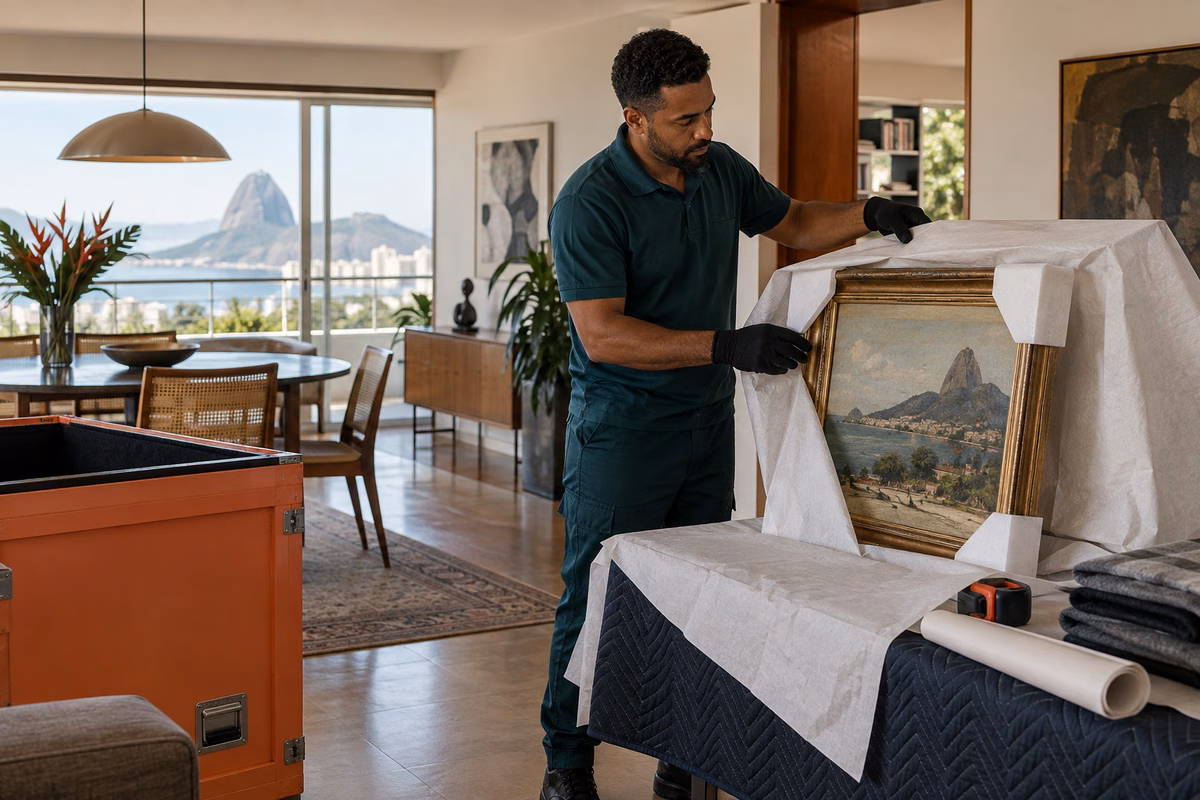Profissional protegendo um quadro para transporte